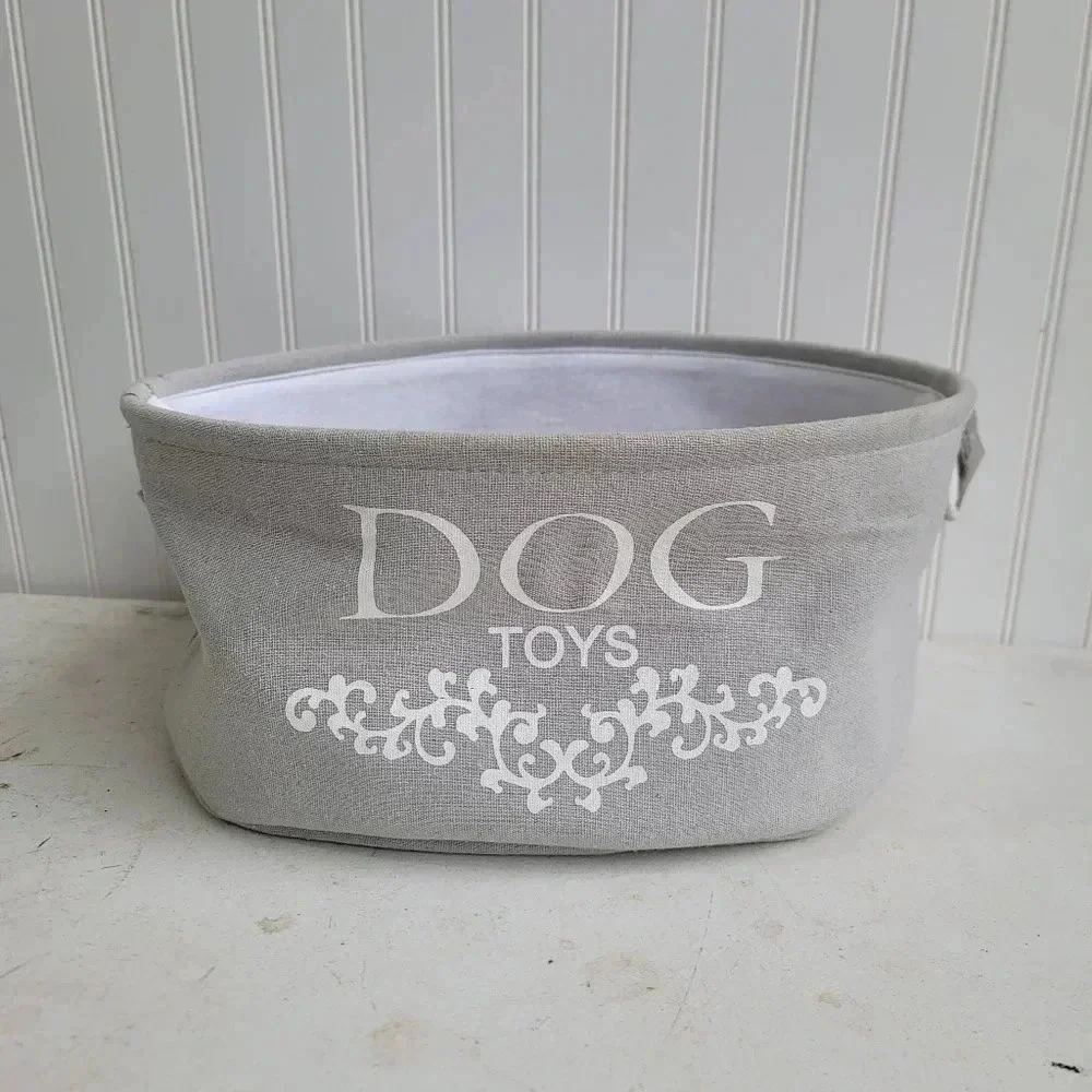 Dog Toys Oval Gray Canvas w/Handles Storage Basket Organizer Bin Box 7.5x15x12